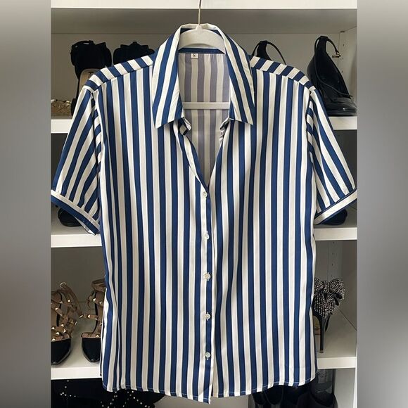 New Womens Striped Button Down Shirts, Loose Short Sleeve Classic Size Small - Picture 8 of 15